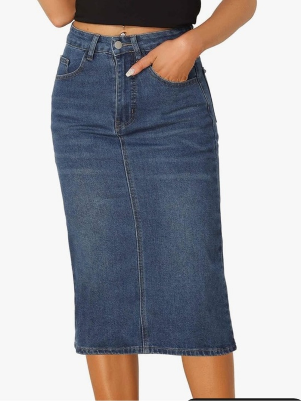 Classic High-Waist Denim Midi Skirt - Blue